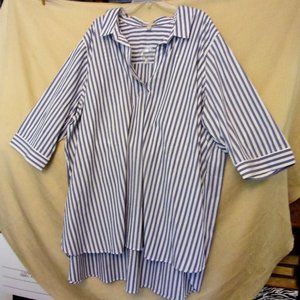 Size 3X BLUE & WHITE STRIPE SHIRT Cotton 3/4 Sleeves Hi-Lo Button  Woman Within